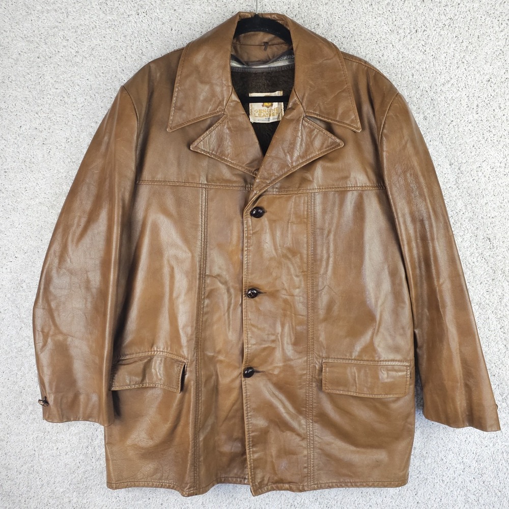 Vintage 70s Berco Genuine Leather Carmel Jacket Mens Large Faux Fur Zip Liper